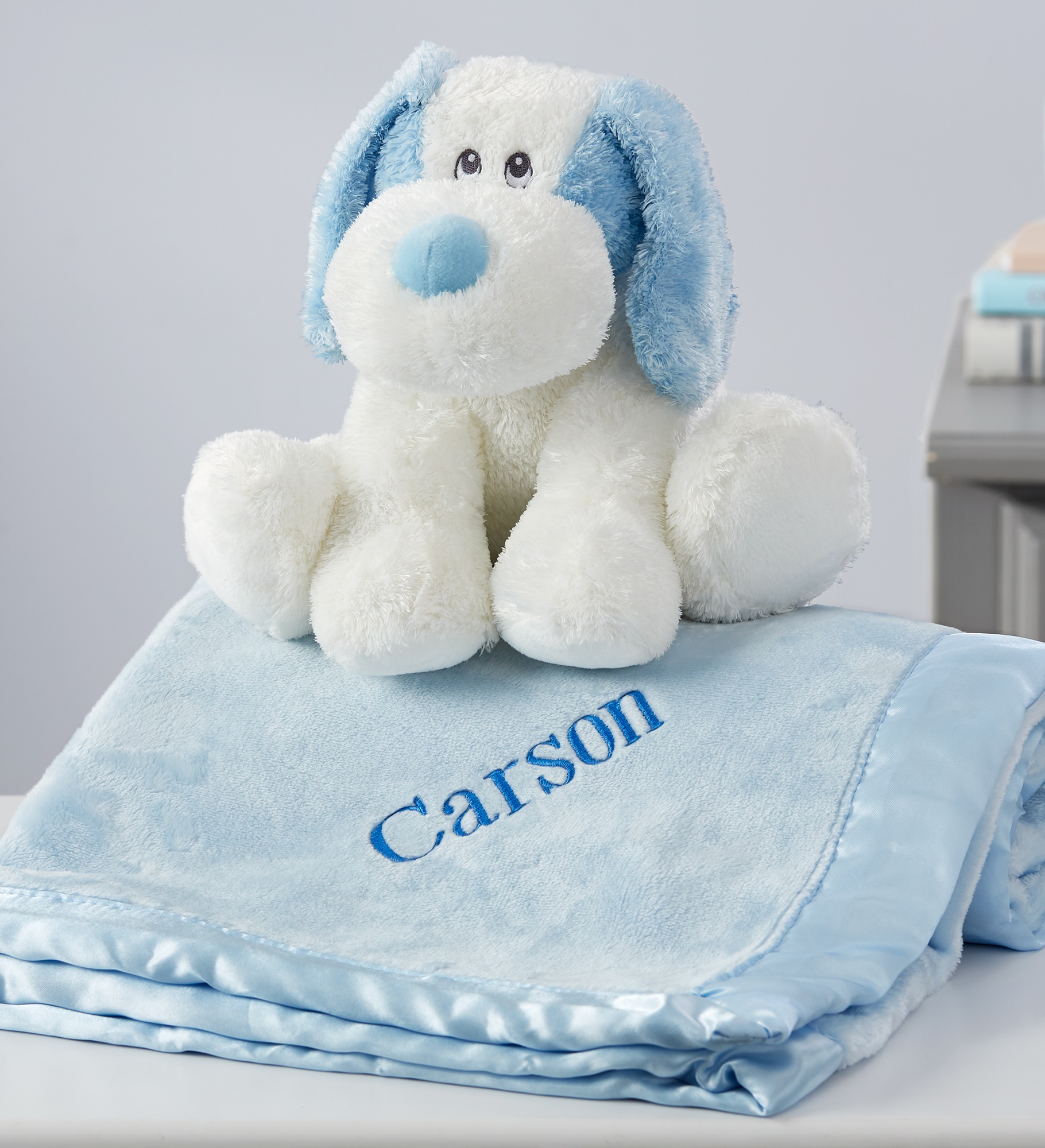 Embroidered Satin Trim Baby Blanket with Plush Puppy Set